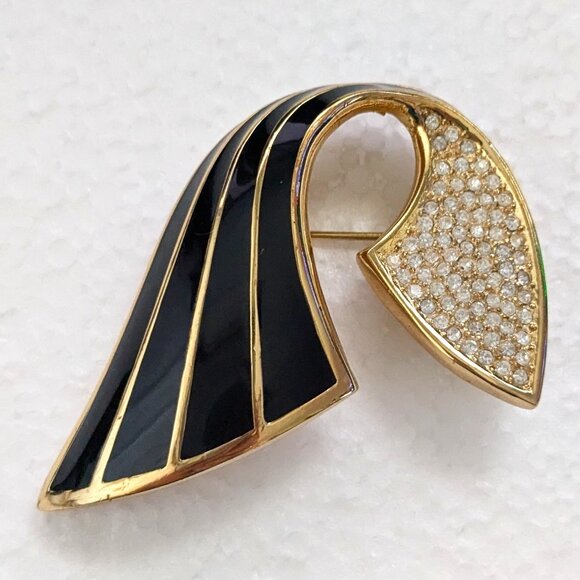 CHRISTIAN DIOR Gold Tone Black Enamel Pave Rhinestone Abstract Brooch Pin - Picture 1 of 4